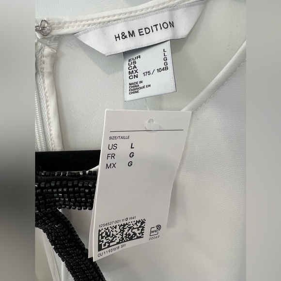 NWT H&M BOW-DETAIL DRESS WHITE W/ BEADED BLACK BOW SIZE LARGE - Picture 3 of 6